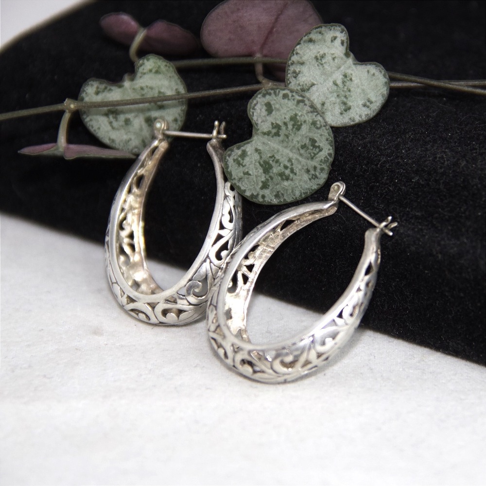 Sterling Silver 925 Filigree Scroll Openwork Teardrop Hoop Earrings 1 Inch